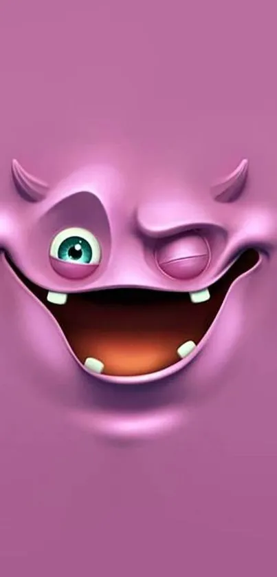 Playful pink monster with a cheeky grin on a mobile wallpaper.