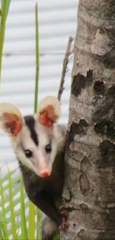 A curious opossum peeks from behind a tree trunk, surrounded by green foliage.