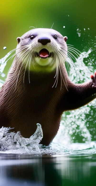 Playful otter splashing in water with a lush green background.