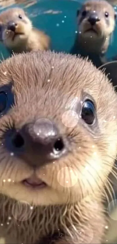 Playful otters swimming together in clear teal water, capturing their lively expressions.