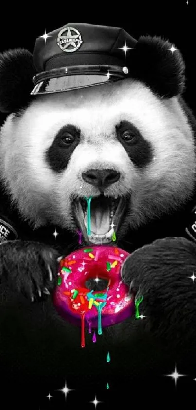 Panda in a police hat enjoying a colorful donut on black background.