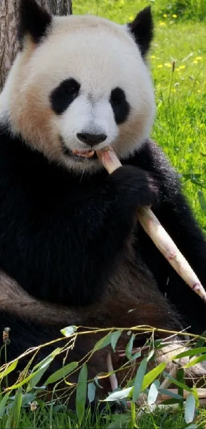 A panda eating bamboo in a lush green setting surrounded by trees and grass.