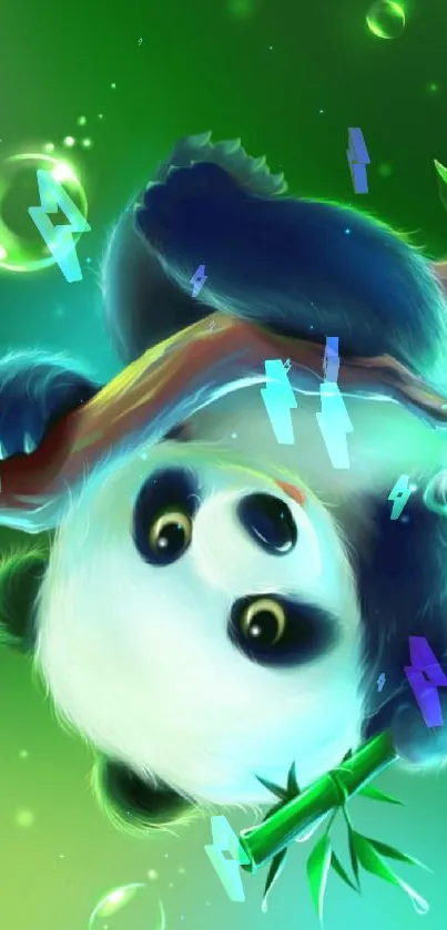 Cute cartoon panda playing on a green leafy background with bubbles.