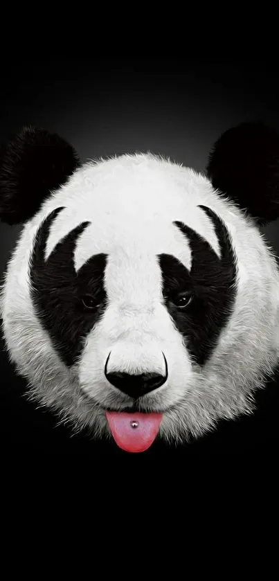 Cute panda face with tongue out on black background.