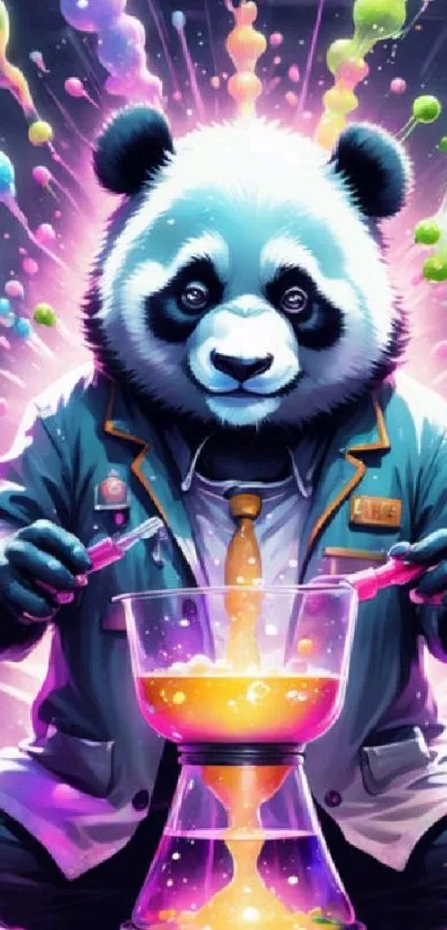 Playful panda scientist with vibrant colors.