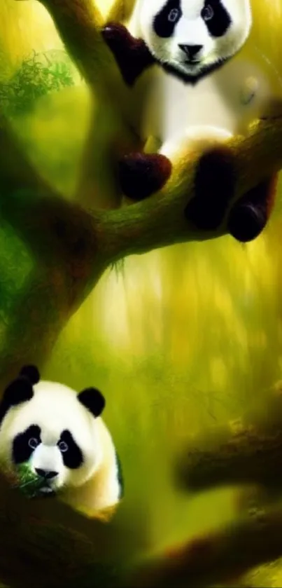 Playful pandas perched on branches in a lush green forest.