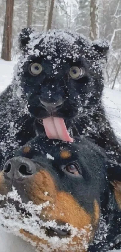 Panther cub playfully on Rottweiler in snowy forest.