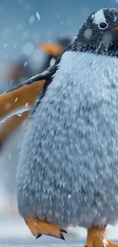 Fluffy penguin waddling in the snow.