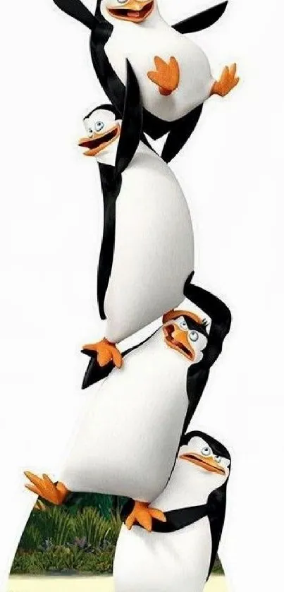 Playful penguins stack in cartoon art style.