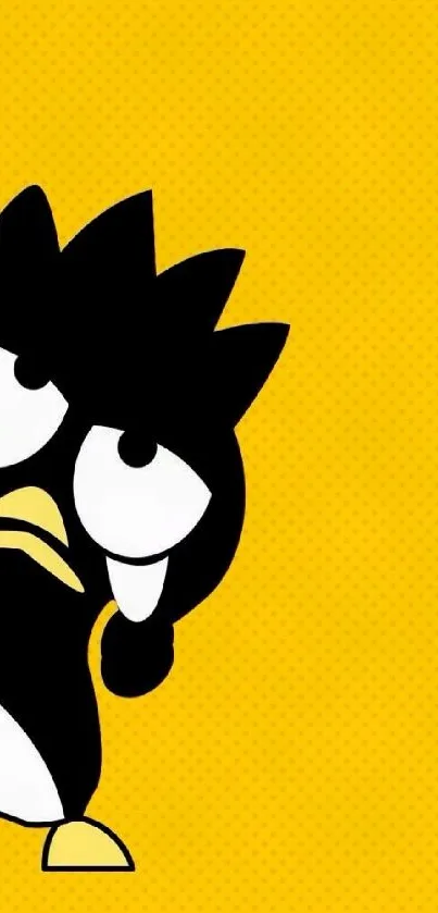 Cartoon penguin on a bright yellow background, mobile wallpaper.