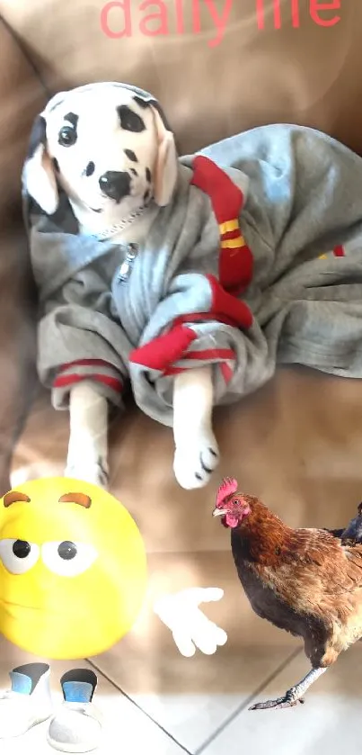 Dog in hoodie with emoji and chicken on armchair.