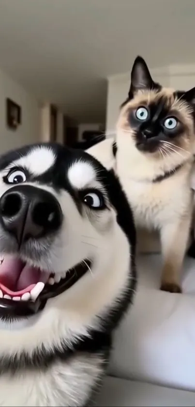 Playful husky and curious Siamese cat on a bed.