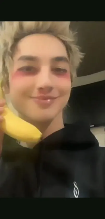 Person using banana as a phone humorously.