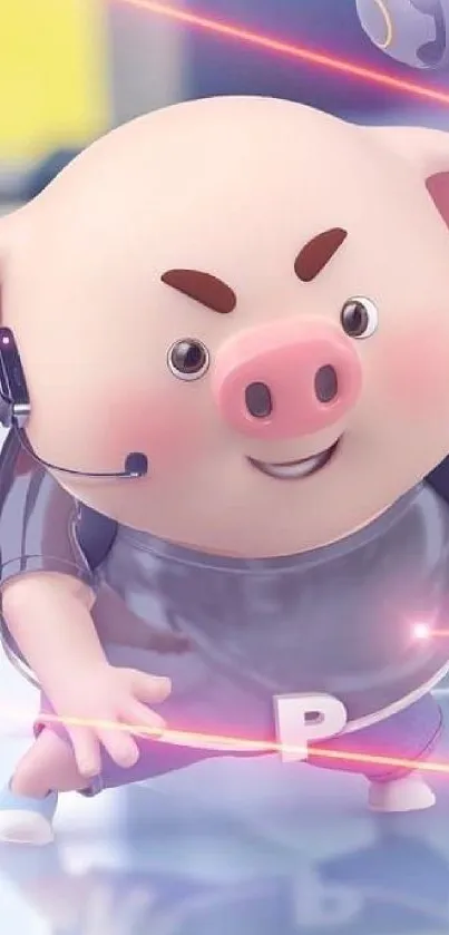 Cute gaming pig cartoon wallpaper with pink hues.