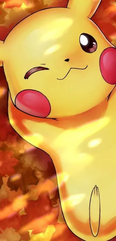 Cheerful Pikachu on autumn leaves.