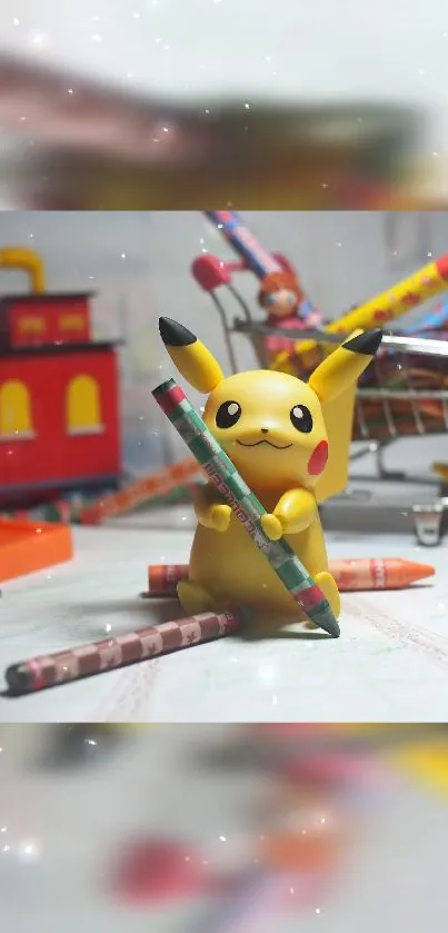 Pikachu holding colored pencils in vibrant setting.