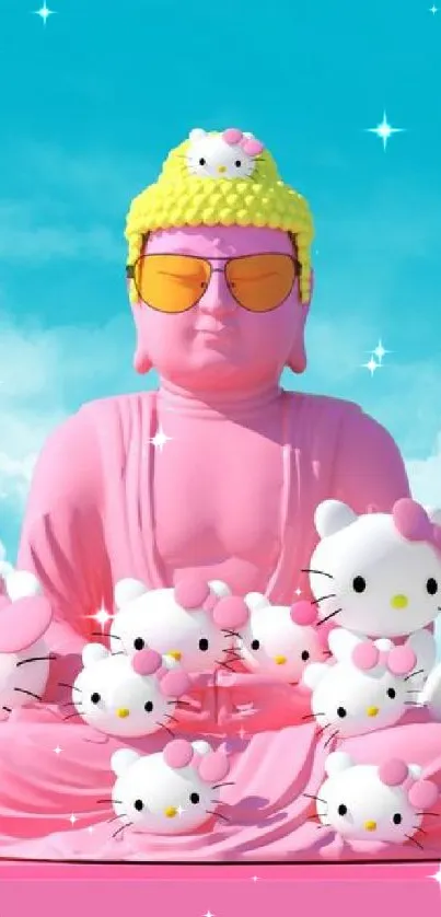 Pink Buddha with Hello Kitty figures against a bright sky.