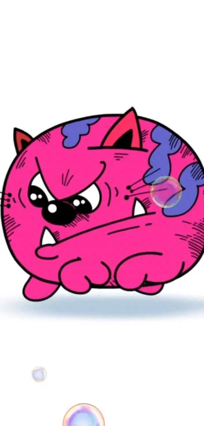 Playful pink cartoon cat with colorful bubbles, perfect for mobile wallpaper.
