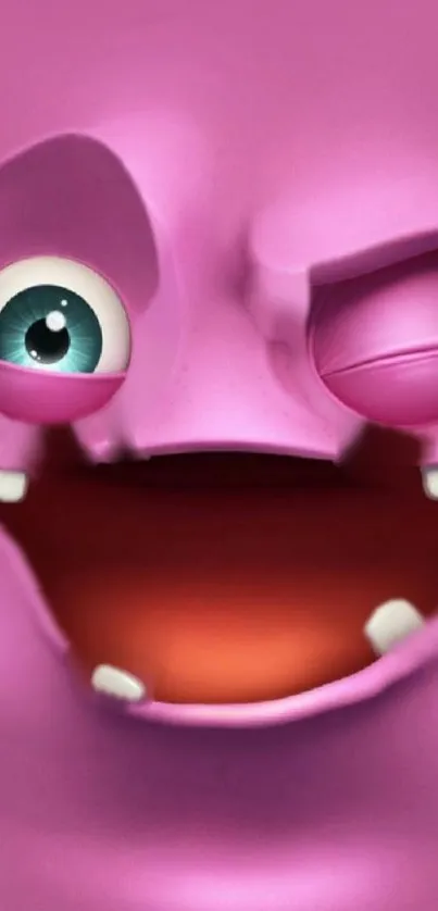 Playful pink cartoon monster with winking eye.