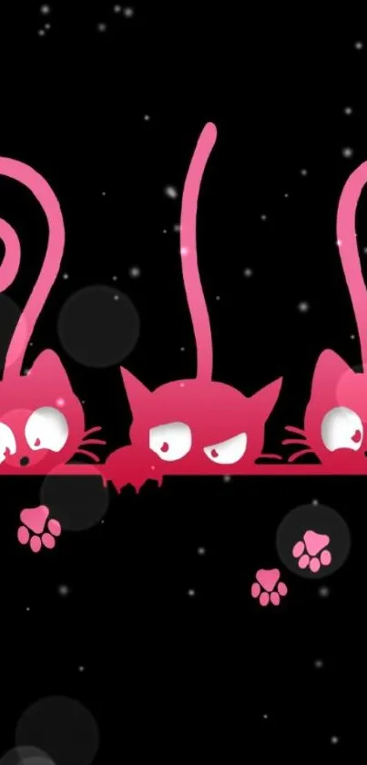 Playful pink cartoon cats on a black background.