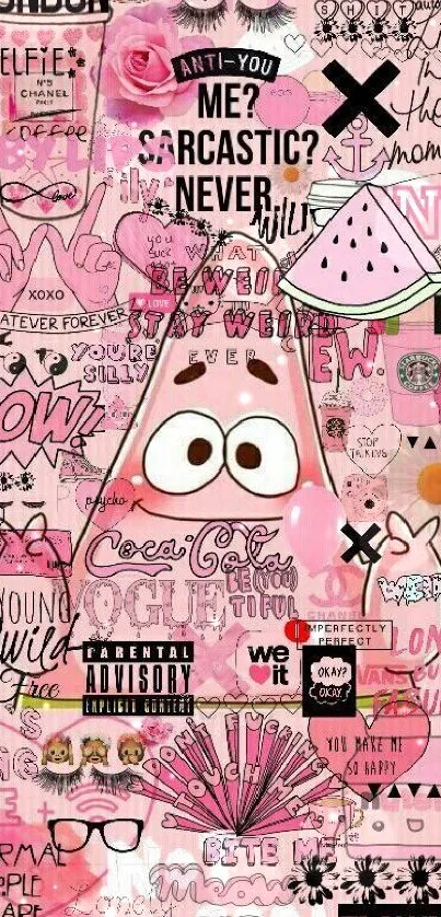 Playful pink collage wallpaper with doodles and quotes.