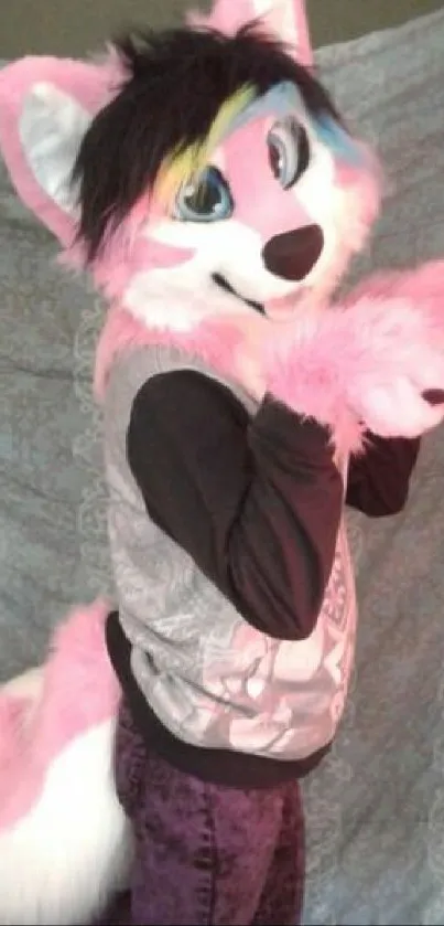 Cute pink furry character posing against a patterned background.