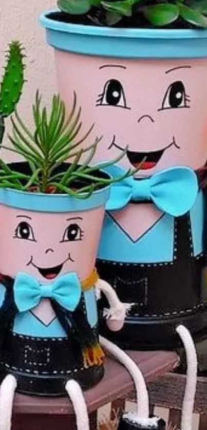 Playful plant pot wallpaper with smiling faces.