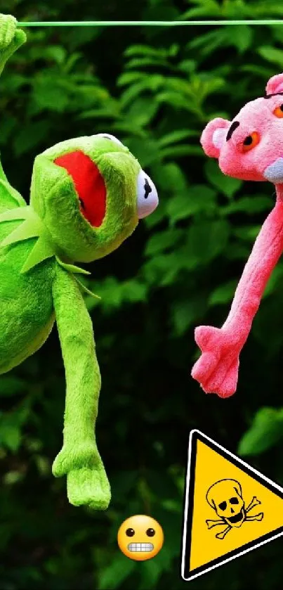 Green and pink plush toys hanging in greenery.