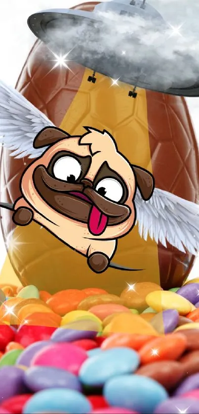 Playful pug with wings amidst colorful candies and UFO in cartoon style.