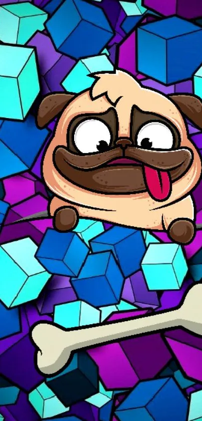 Cartoon pug with colorful cubes and bones on a vibrant background.