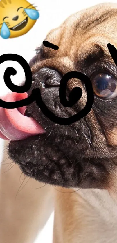 Playful cartoon pug with emoji and swirls on beige background.