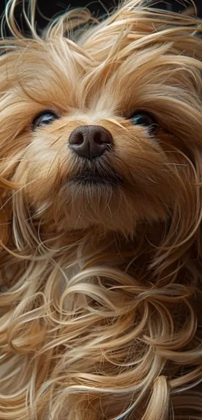 Adorable fluffy dog with golden fur and a curious expression.