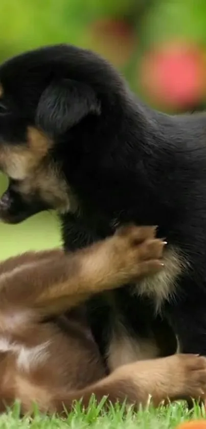 Playful puppies in a lush green field background.