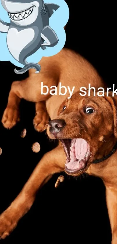 Playful puppy and cartoon shark on a mobile wallpaper.