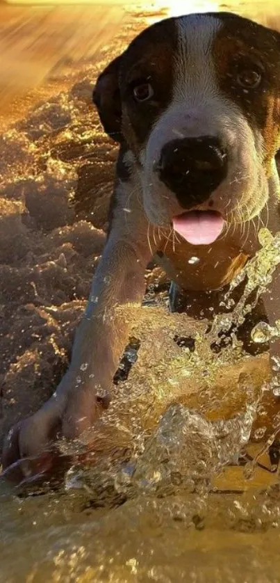 A playful puppy surfing through golden sunset waves.