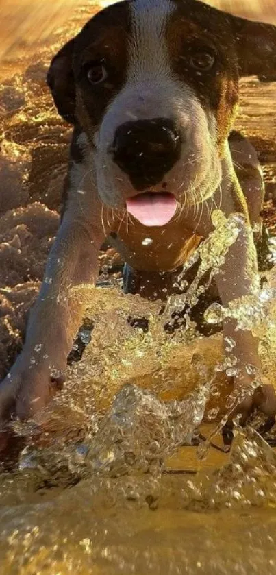 Playful puppy splashes in golden sunset beach water.