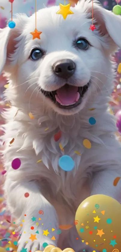 Joyful puppy with balloons and confetti.