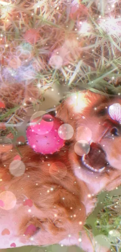 Adorable puppy with pink ball, surrounded by glitter and hearts.