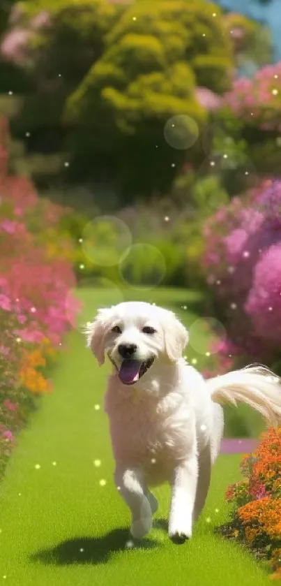 A cheerful puppy runs in a vibrant garden surrounded by colorful flowers.