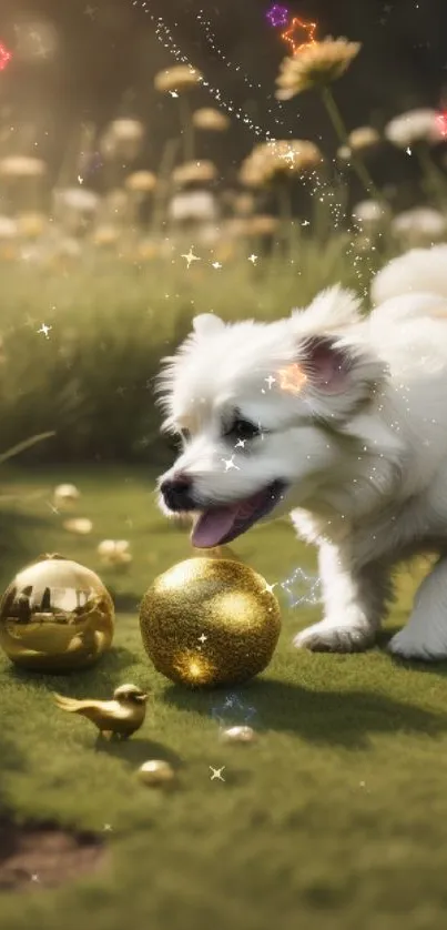 Fluffy puppy plays in daisy field with golden balls under sunlight.