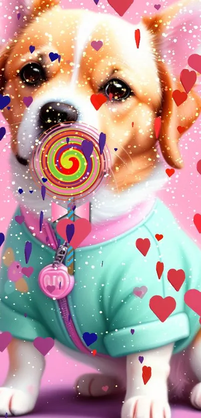 Cute puppy in pink jacket with hearts and lollipop.