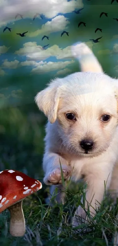 Adorable puppy playing in grass with mushroom and a picturesque sky illusion.