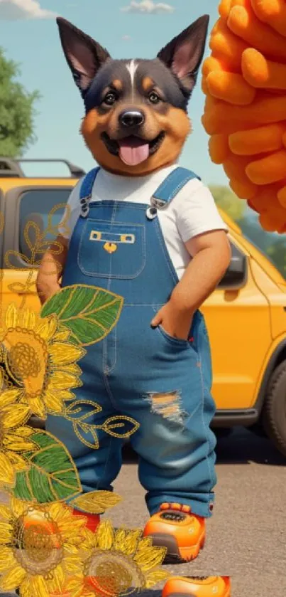 Playful puppy in overalls with sunflowers and an orange car.