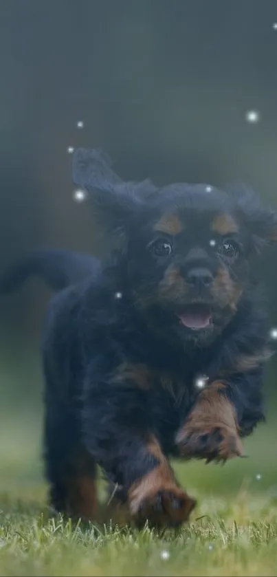 Playful dark-coated puppy running on grass with glowing sparkles.