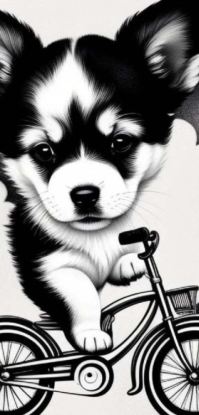 Black and white puppy riding a bicycle in artistic style.