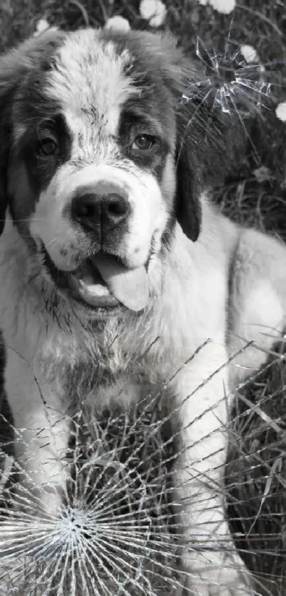 Black and white puppy on grassy field with flowers.