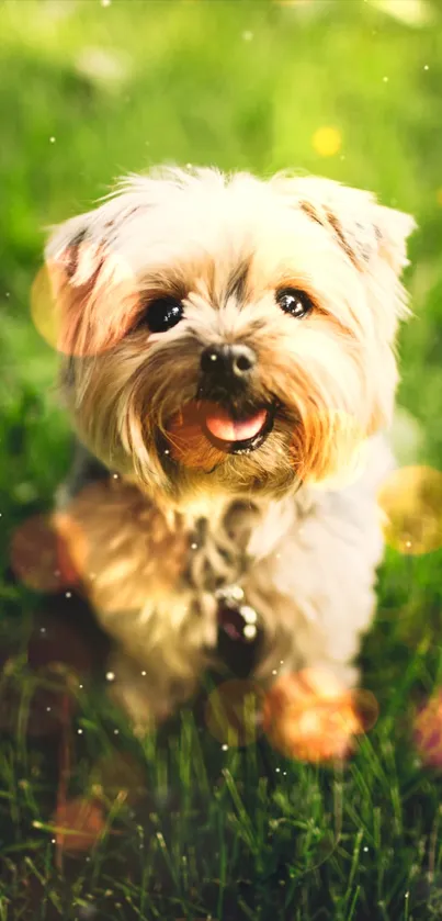 Cute puppy smiling on green grass with bokeh light effects.