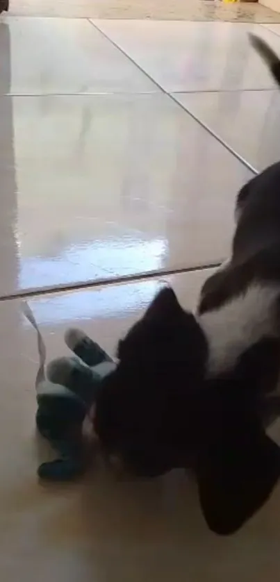 Puppy playing with a teal toy on a tiled floor.