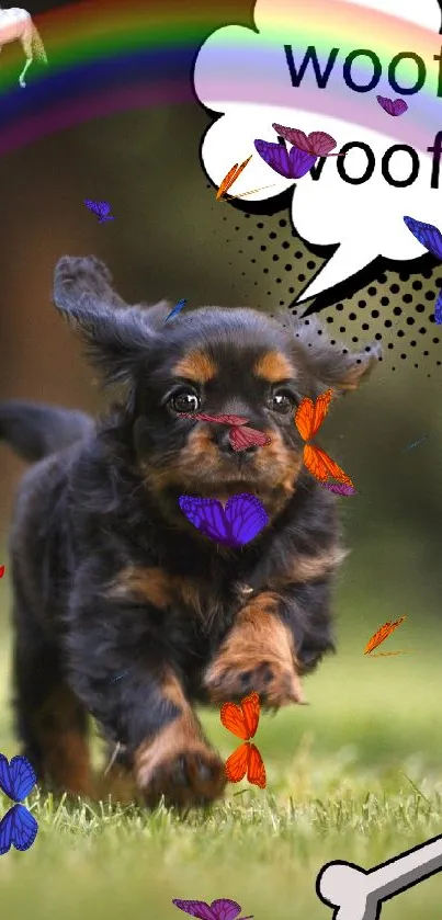 Joyful puppy running on grass with rainbow overhead.