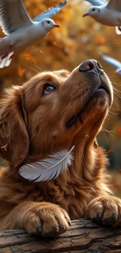 Puppy surrounded by white birds and autumn leaves.